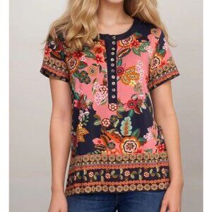 NWOT Johnny Was Janie Favorite Short Sleeve Henley Tee Floral Popover Boho Sz S